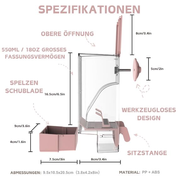 Automatischer Vogelfutterspender, Vogelkäfig-Futterspender mit Sitzstange für Wellensittiche, Sittiche, Kanarienvögel, Nymphensittiche, Finken (Rosa)