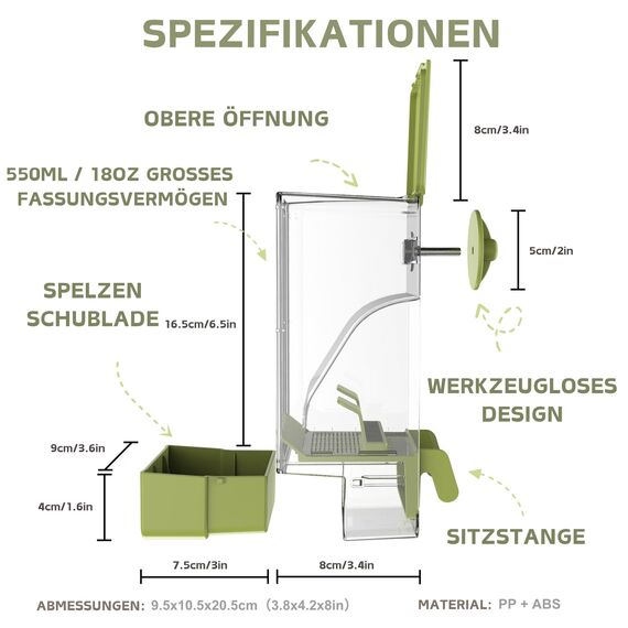 Automatischer Vogelfutterspender, Vogelkäfig-Futterspender mit Sitzstange für Wellensittiche, Sittiche, Kanarienvögel, Nymphensittiche, Finken (Grün)