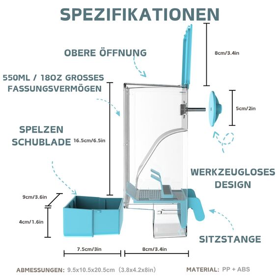 Automatischer Vogelfutterspender, Vogelkäfig-Futterspender mit Sitzstange für Wellensittiche, Sittiche, Kanarienvögel, Nymphensittiche, Finken (Blau)