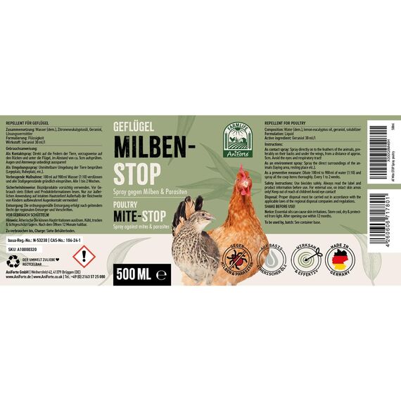 AniForte Milbenspray Hühner & Geflügel 500ml - gegen Milben & Parasiten, Milben Stop, Milbenmittel als Umgebungsspray & Kontaktspray, zur Vorbeugung & bei akutem Befall