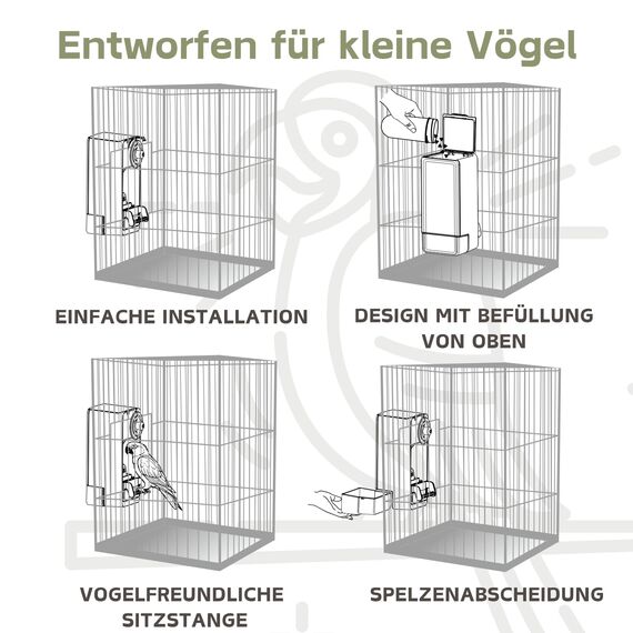 Automatischer Vogelfutterspender, Vogelkäfig-Futterspender mit Sitzstange für Wellensittiche, Sittiche, Kanarienvögel, Nymphensittiche, Finken (Grün)