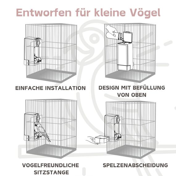 Automatischer Vogelfutterspender, Vogelkäfig-Futterspender mit Sitzstange für Wellensittiche, Sittiche, Kanarienvögel, Nymphensittiche, Finken (Rosa)