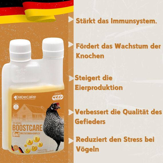 Hühner Vitamine 6-in-1 250ml | Vitamin A-E-D-C-K-B für Hühner Winter & Mauserhilfe | Ergänzendes Futter für Hühner, Küken und Exoten | Vitamin ADEC + mit Dosierer