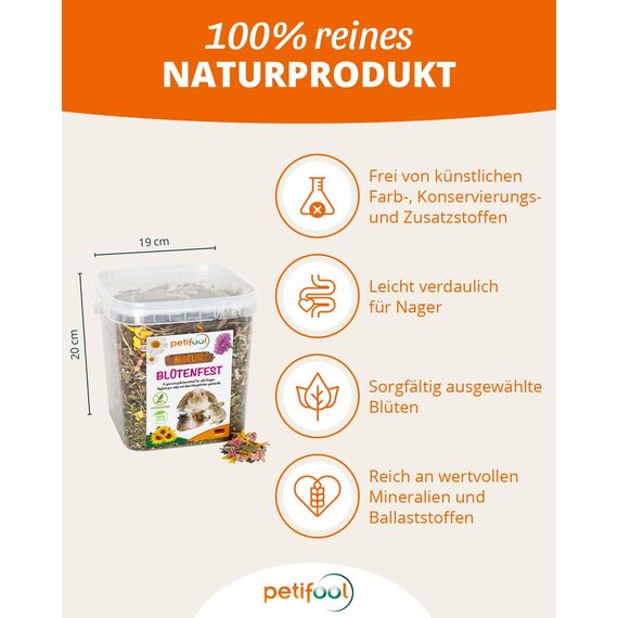 petifool Blütenfest 380g - Ergänzungsfutter für Nager - natürliches Nagerfutter für Kaninchen, Meerschweinchen, Hamster, Chinchilla & mehr - ohne künstliche Zusätze - 100% Natur - artgerechtes Futter