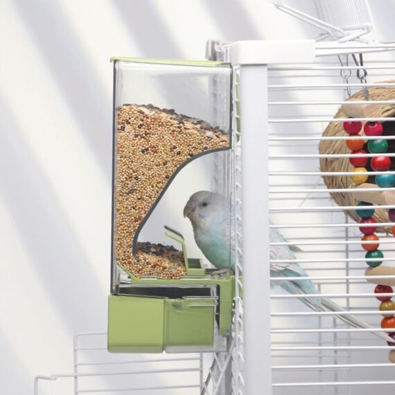 Automatischer Vogelfutterspender, Vogelkäfig-Futterspender mit Sitzstange für Wellensittiche, Sittiche, Kanarienvögel, Nymphensittiche, Finken (Grün)