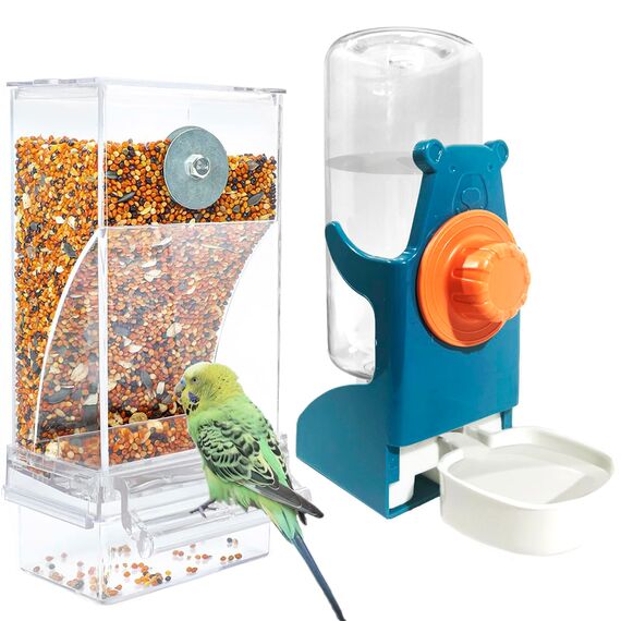 Automatischer Futterspender Vögel und Wasserspender Transparentes Acryl Vogelfutterhaus und Vogel Wasserspender Vogelkäfig, Käfigzubehör für Vögel, Papageien, Kanarienvögel (Futternapfständer+Blue)