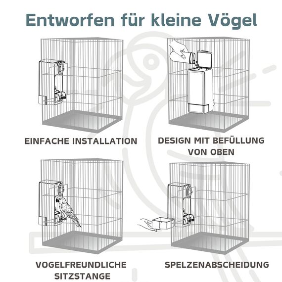 Automatischer Vogelfutterspender, Vogelkäfig-Futterspender mit Sitzstange für Wellensittiche, Sittiche, Kanarienvögel, Nymphensittiche, Finken (Blau)