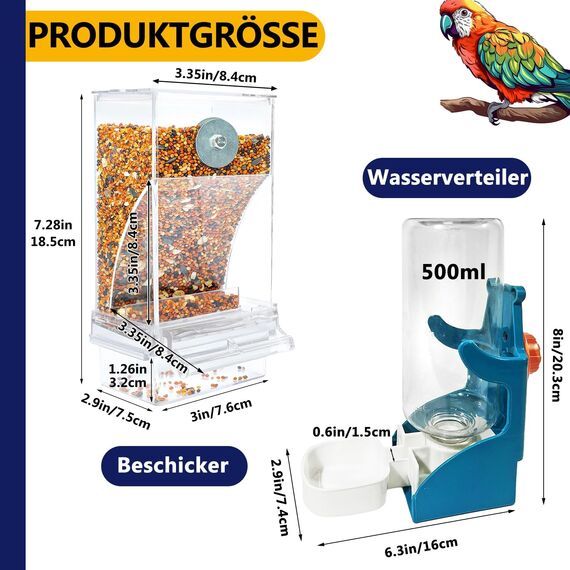 Automatischer Futterspender Vögel und Wasserspender Transparentes Acryl Vogelfutterhaus und Vogel Wasserspender Vogelkäfig, Käfigzubehör für Vögel, Papageien, Kanarienvögel (Futternapfständer+Blue)