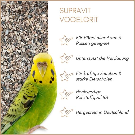 Supravit Vogelgrit 4kg – Grit für Vögel & Geflügel – Mineralgrit mit Calcium für Wellensittiche, Papageien, Nymphensittiche, Tauben & Hühner – Verdauungshilfe & Ergänzungsfutter