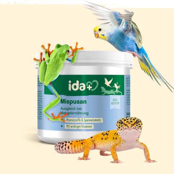 Ida Plus - Mispusan Pulver 200 g - Mineralfuttermittel mit Vitamin D3, Calcium & Spurenelementen für Amphibien, Reptilien & Vögel - Wellensittich, Kanarienvogel, Papageien & Bartagame - Mineralstoffe