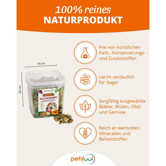 petifool Neujahrsmix 410g - Ergänzungsfutter für Nager - natürliches Nagerfutter für Kaninchen, Meerschweinchen, Hamster, Chinchilla & mehr - ohne künstliche Zusätze - 100% Natur - artgerechtes Futter