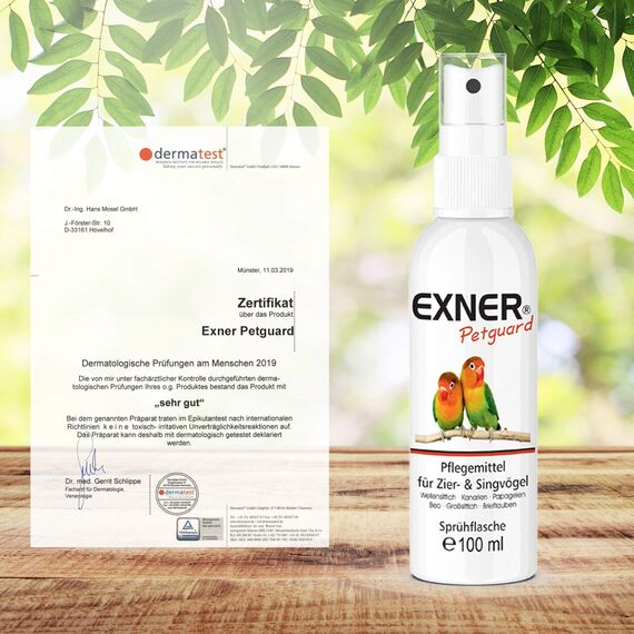 Exner Petguard Tierpflege für Ziervögel & Singvögel - Pflegemittel bei Juckreiz, Haarausfall, Entzündung, Parasiten, Räude, Milben & Pilzbefall - biologisch & natürlich - 100 ml Sprühflasche