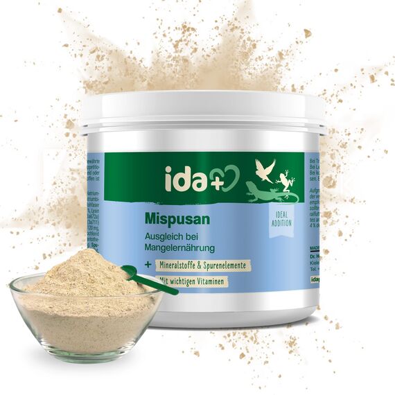 Ida Plus - Mispusan Pulver 200 g - Mineralfuttermittel mit Vitamin D3, Calcium & Spurenelementen für Amphibien, Reptilien & Vögel - Wellensittich, Kanarienvogel, Papageien & Bartagame - Mineralstoffe