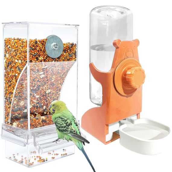 Automatischer Futterspender Vögel und Wasserspender Transparentes Acryl Vogelfutterhaus und Vogel Wasserspender Vogelkäfig, Käfigzubehör für Vögel, Papageien, Kanarienvögel (Futternapfständer+Orange)