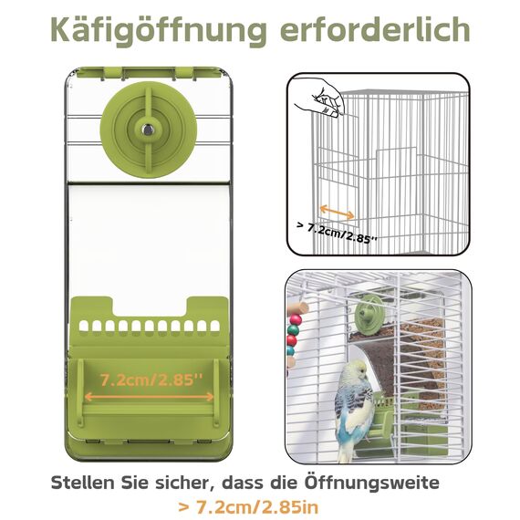 Automatischer Vogelfutterspender, Vogelkäfig-Futterspender mit Sitzstange für Wellensittiche, Sittiche, Kanarienvögel, Nymphensittiche, Finken (Grün)