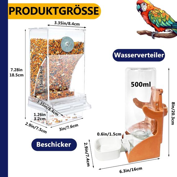 Automatischer Futterspender Vögel und Wasserspender Transparentes Acryl Vogelfutterhaus und Vogel Wasserspender Vogelkäfig, Käfigzubehör für Vögel, Papageien, Kanarienvögel (Futternapfständer+Orange)