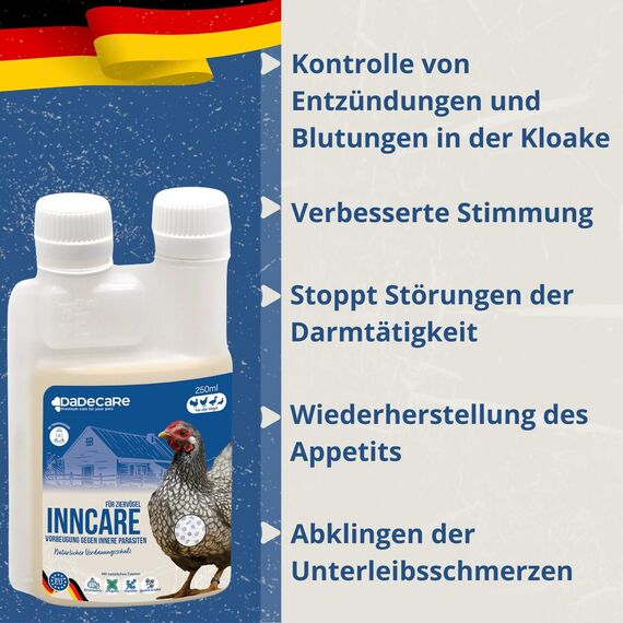 Prävention von inneren Parasiten 250ml - Hühner, Geflügel und exotisches Geflügel - Vorbeugung und Behandlung von Verdauungsproblemen - Natürliche Formel - Knoblauch- und Oreganoextrakt - Inncare