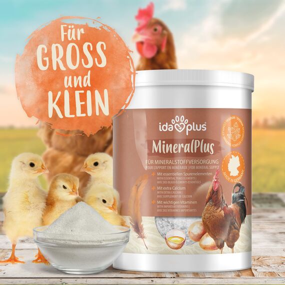 Ida Plus - MineralPlus - Futterkalk für Hühner - Premium MineralPlus - Mineralstoffe für Hühner & Vitaminmischung - Rundumversorgung - MineralPlus mit Kalzium - 1 kg