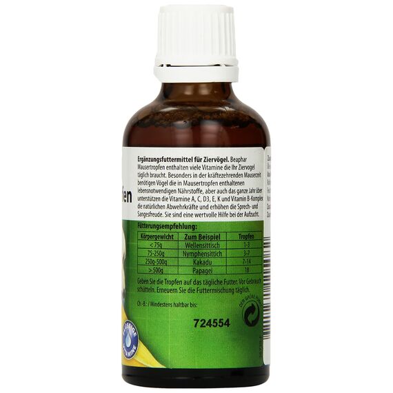 BEAPHAR - Mausertropfen Vitamin-Komplex - Nahrungsergänzungsmittel Für Vögel - Mit Vitamin A, C, D3, E, K, B-Komplex - Unterstützt Natürliche Abwehrkräfte, Fördert Sprech- Und Sangesfreude - 50 ml