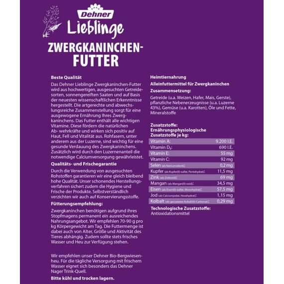 Dehner Zwergkaninchenfutter | Kaninchenfutter in Markenqualität, Alleinfuttermittel für Kaninchen, Nagerfutter ohne Zuckerzusatz und Konservierungsstoffe |mit Luzerne und Karotte | Adult | 5 kg