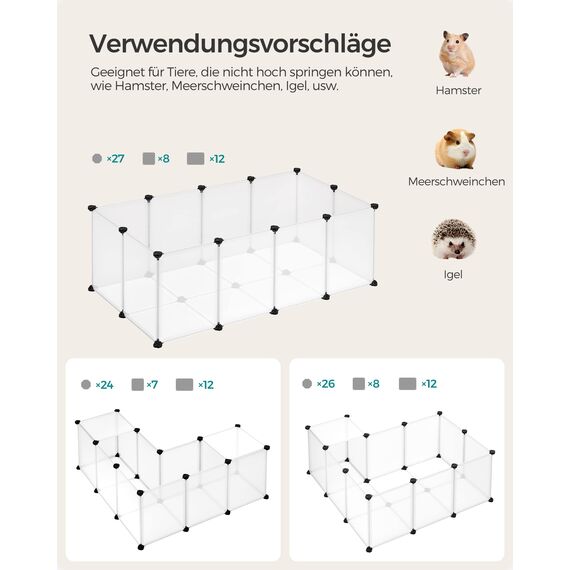 SONGMICS Freigehege mit Bodenplatten, Laufstall, Meerschweinchen Gehege, aus Kunststoff, Gehege für Hamster, Kaninchen, Igel, 120 x 60 x 40 cm, weiß LPC001W01