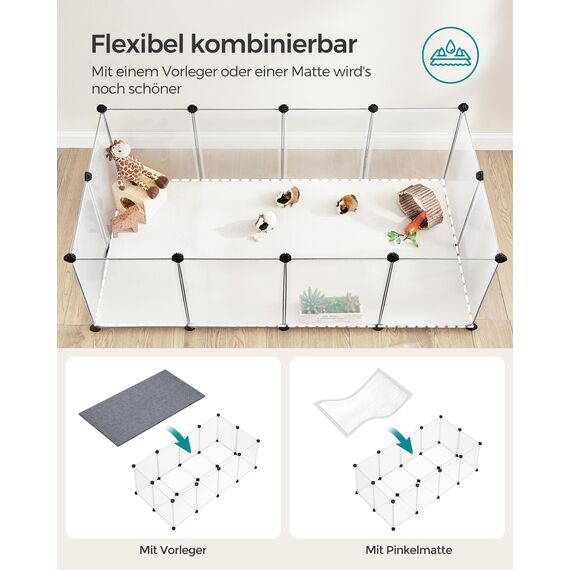 SONGMICS Freigehege mit Bodenplatten, Laufstall, Meerschweinchen Gehege, aus Kunststoff, Gehege für Hamster, Kaninchen, Igel, 140 x 70 x 45 cm, weiß LPC02W