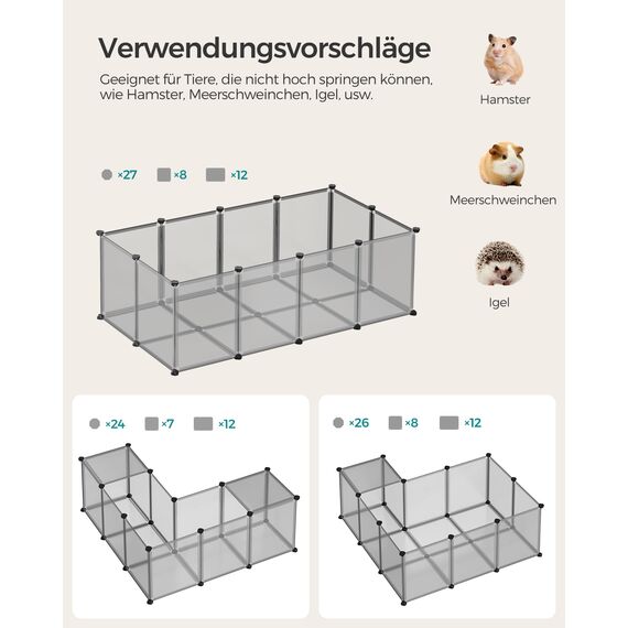 SONGMICS Freigehege mit Bodenplatten, Laufstall, Meerschweinchen Gehege, aus Kunststoff, Gehege für Hamster, Kaninchen, Igel, 140 x 70 x 45 cm, grau LPC002G01
