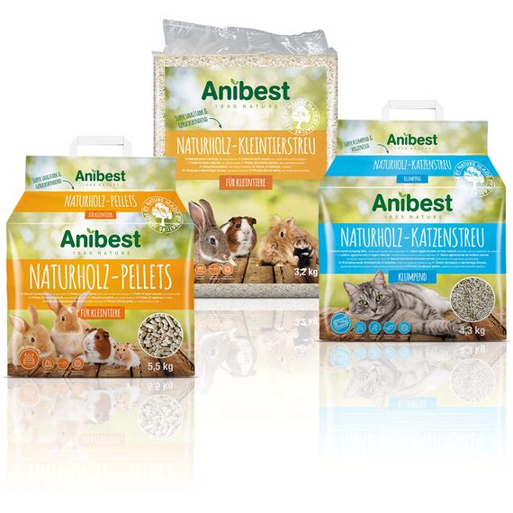 Anibest Kleintierstreu, 100% natürliche Einstreu für Kaninchen, Hamster, Meerschweinchen & Co, saugfähige Weichholzspäne, staubfrei & geruchsbindend, 3,2 kg/ 60 l