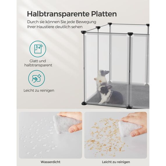 SONGMICS Freigehege mit Bodenplatten, Laufstall, Meerschweinchen Gehege, aus Kunststoff, Gehege für Hamster, Kaninchen, Igel, 140 x 70 x 55 cm, weiß LPC007W01