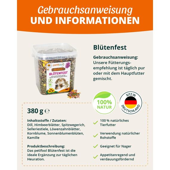 petifool Blütenfest 380g - Ergänzungsfutter für Nager - natürliches Nagerfutter für Kaninchen, Meerschweinchen, Hamster, Chinchilla & mehr - ohne künstliche Zusätze - 100% Natur - artgerechtes Futter
