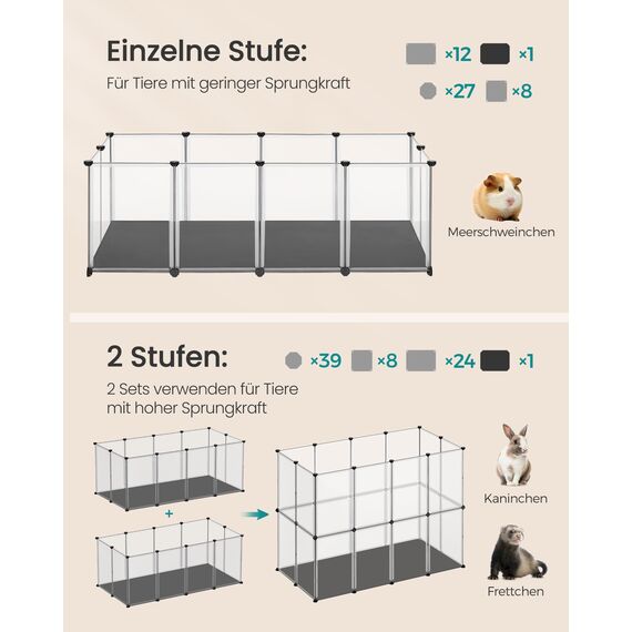 SONGMICS Kleintiergehege mit Bodenplatten, Laufstall mit Abnehmbarer und wasserfester Unterlage, Gehege für Hamster, Kaninchen, Meerschweinchen, 143 x 73 x 46 cm, weiß LPC012W01