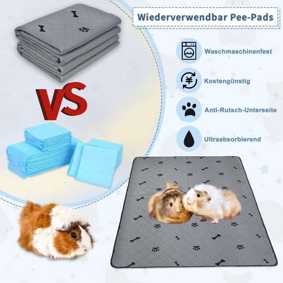 PICK FOR LIFE Saugfähige PIPI-Pads für Meerschweinchen, 2 Stück 60x90cm Waschbare PIPI Pads für Kaninchen, Wiederverwendbare PIPI Matten, Unterlagen für Hamster, Kaninchen, Hunde