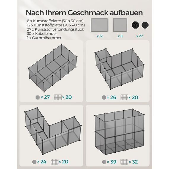 SONGMICS Freigehege mit Bodenplatten, Laufstall, Meerschweinchen Gehege, aus Kunststoff, Gehege für Hamster, Kaninchen, Igel, 120 x 60 x 40 cm, grau LPC001G01