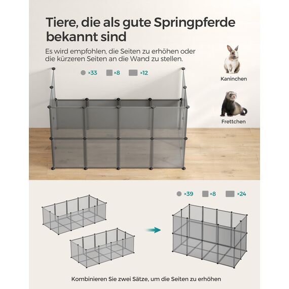 SONGMICS Freigehege mit Bodenplatten, Laufstall, Meerschweinchen Gehege, aus Kunststoff, Gehege für Hamster, Kaninchen, Igel, 140 x 70 x 45 cm, grau LPC002G01