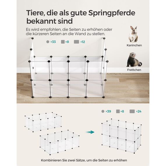 SONGMICS Freigehege mit Bodenplatten, Laufstall, Meerschweinchen Gehege, aus Kunststoff, Gehege für Hamster, Kaninchen, Igel, 120 x 60 x 40 cm, weiß LPC001W01
