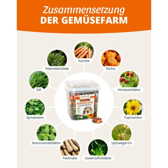 petifool Gemüsefarm 500g - Ergänzungsfutter für Nager - natürliches Nagerfutter für Kaninchen, Meerschweinchen, Hamster, Chinchilla & mehr - ohne künstliche Zusätze - 100% Natur - artgerechtes Futter
