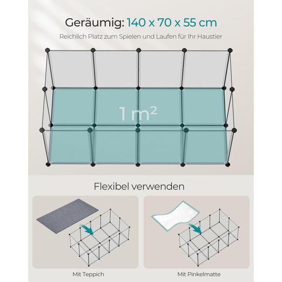 SONGMICS Freigehege mit Bodenplatten, Laufstall, Meerschweinchen Gehege, aus Kunststoff, Gehege für Hamster, Kaninchen, Igel, 140 x 70 x 55 cm, weiß LPC007W01