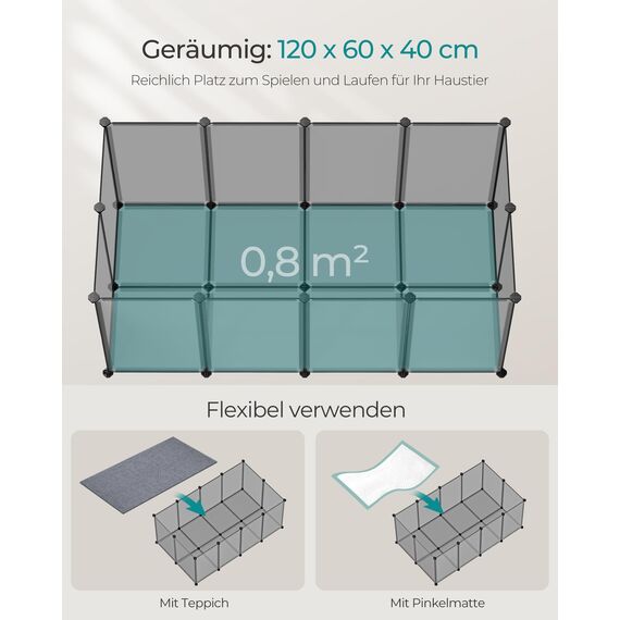 SONGMICS Freigehege mit Bodenplatten, Laufstall, Meerschweinchen Gehege, aus Kunststoff, Gehege für Hamster, Kaninchen, Igel, 120 x 60 x 40 cm, grau LPC001G01