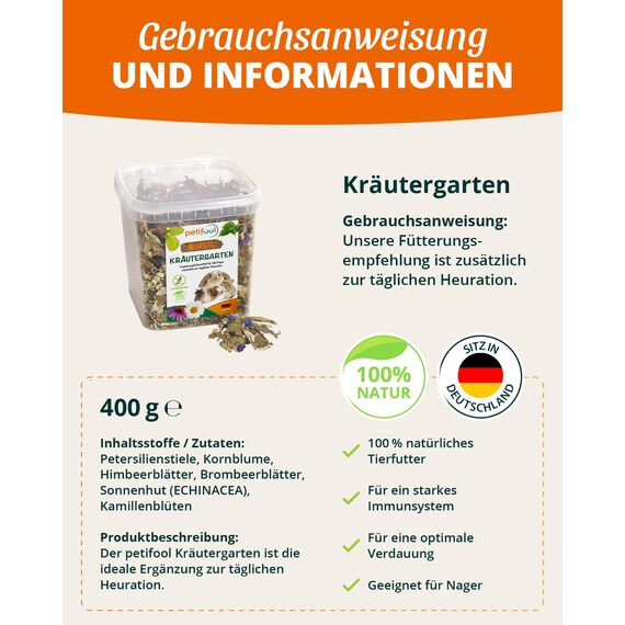 petifool Kräutergarten 400g - Ergänzungsfutter für Nager - natürliches Nagerfutter für Kaninchen, Meerschweinchen, Hamster, Chinchilla & mehr - ohne künstliche Zusätze - 100% Natur-artgerechtes Futter