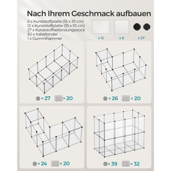 SONGMICS Freigehege mit Bodenplatten, Laufstall, Meerschweinchen Gehege, aus Kunststoff, Gehege für Hamster, Kaninchen, Igel, 140 x 70 x 55 cm, weiß LPC007W01