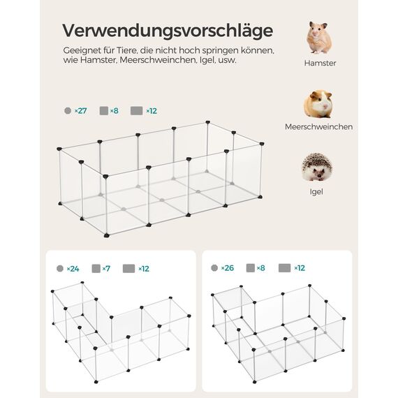 SONGMICS Freigehege mit Bodenplatten, Laufstall, Meerschweinchen Gehege, aus Kunststoff, Gehege für Hamster, Kaninchen, Igel, 140 x 70 x 45 cm, weiß LPC02W