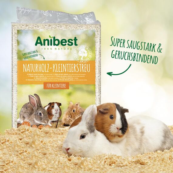 Anibest Kleintierstreu, 100% natürliche Einstreu für Kaninchen, Hamster, Meerschweinchen & Co, saugfähige Weichholzspäne, staubfrei & geruchsbindend, 3,2 kg/ 60 l