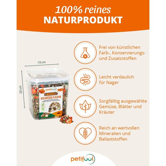 petifool Gemüsefarm 500g - Ergänzungsfutter für Nager - natürliches Nagerfutter für Kaninchen, Meerschweinchen, Hamster, Chinchilla & mehr - ohne künstliche Zusätze - 100% Natur - artgerechtes Futter
