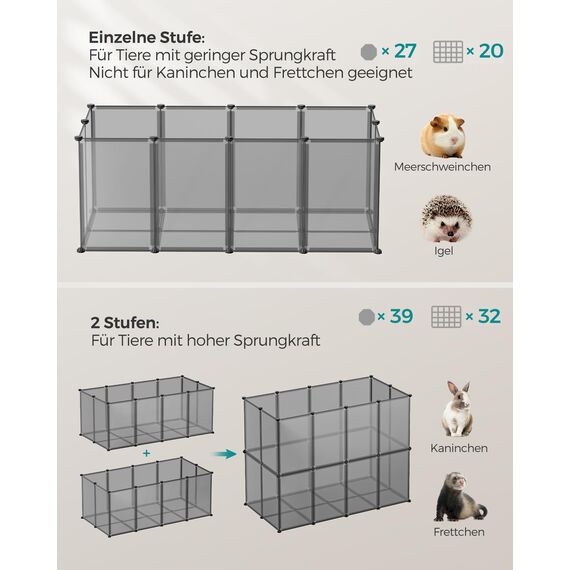 SONGMICS Freigehege mit Bodenplatten, Laufstall, Meerschweinchen Gehege, aus Kunststoff, Gehege für Hamster, Kaninchen, Igel, 120 x 60 x 40 cm, grau LPC001G01