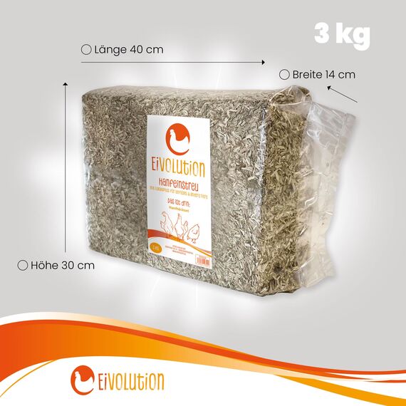 eivolution Hanfeinstreu 3 KG - Für Hühner, Nager wie Meerschweinchen und Kaninchen & Pferde - Extrem Saugfähig & Geruchsbindend - Staubarm