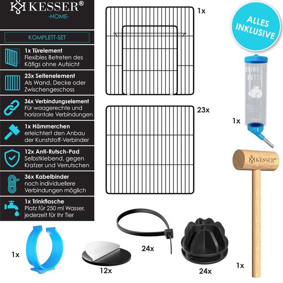 KESSER® Freigehege Gittergehege für Kaninchen aus Metallgitter XXL Kleintiergehege Meerschweinchen Gehege Freilauf, Kleintierkäfig Laufgitter Hasenstall für Innen/draußen, inkl. Komplettset & Flasche