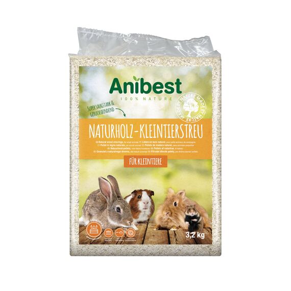 Anibest Kleintierstreu, 100% natürliche Einstreu für Kaninchen, Hamster, Meerschweinchen & Co, saugfähige Weichholzspäne, staubfrei & geruchsbindend, 3,2 kg/ 60 l