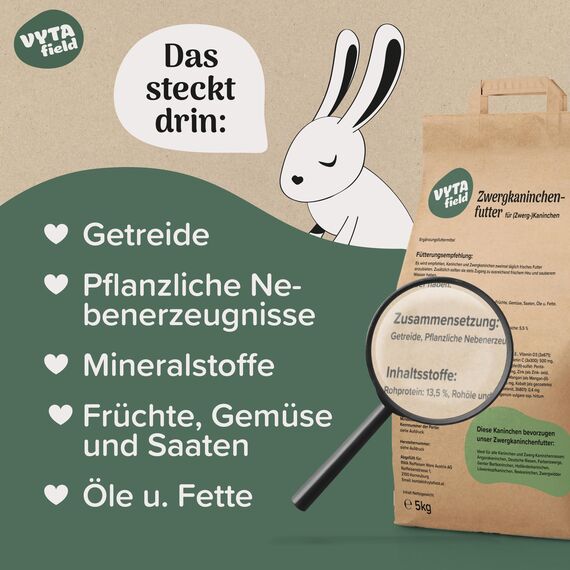 VYTAfield® Zwergkaninchenfutter | Natürliches Kaninchenfutter für (Zwerg-) Kaninchen | 5kg Nagerfutter | Ohne künstliche Zusätze | Mit Vitaminen & Mineralstoffen | Hasenfutter für gesunden Fellglanz