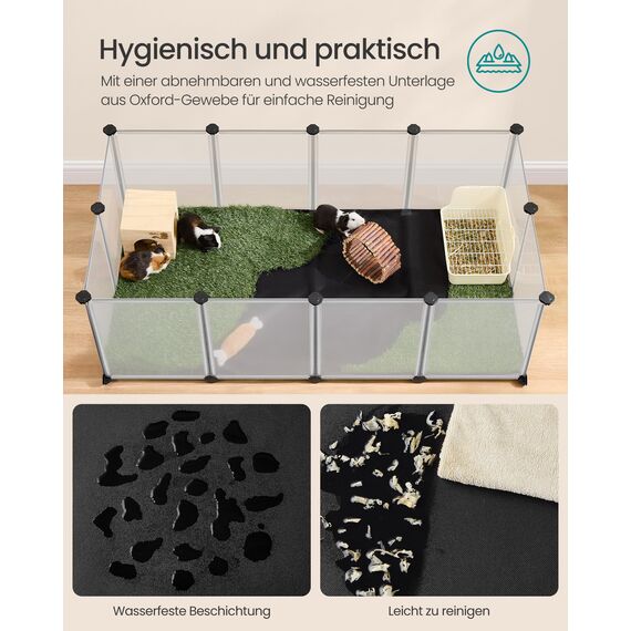 SONGMICS Kleintiergehege mit Bodenplatten, Laufstall mit Abnehmbarer und wasserfester Unterlage, Gehege für Hamster, Kaninchen, Meerschweinchen, 143 x 73 x 46 cm, weiß LPC012W01