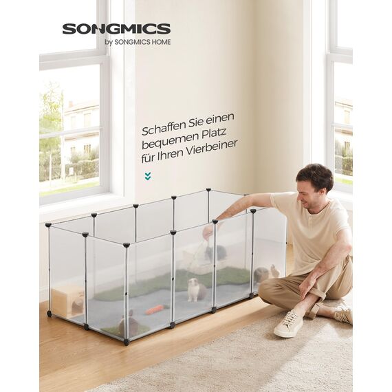 SONGMICS Freigehege mit Bodenplatten, Laufstall, Meerschweinchen Gehege, aus Kunststoff, Gehege für Hamster, Kaninchen, Igel, 140 x 70 x 55 cm, weiß LPC007W01